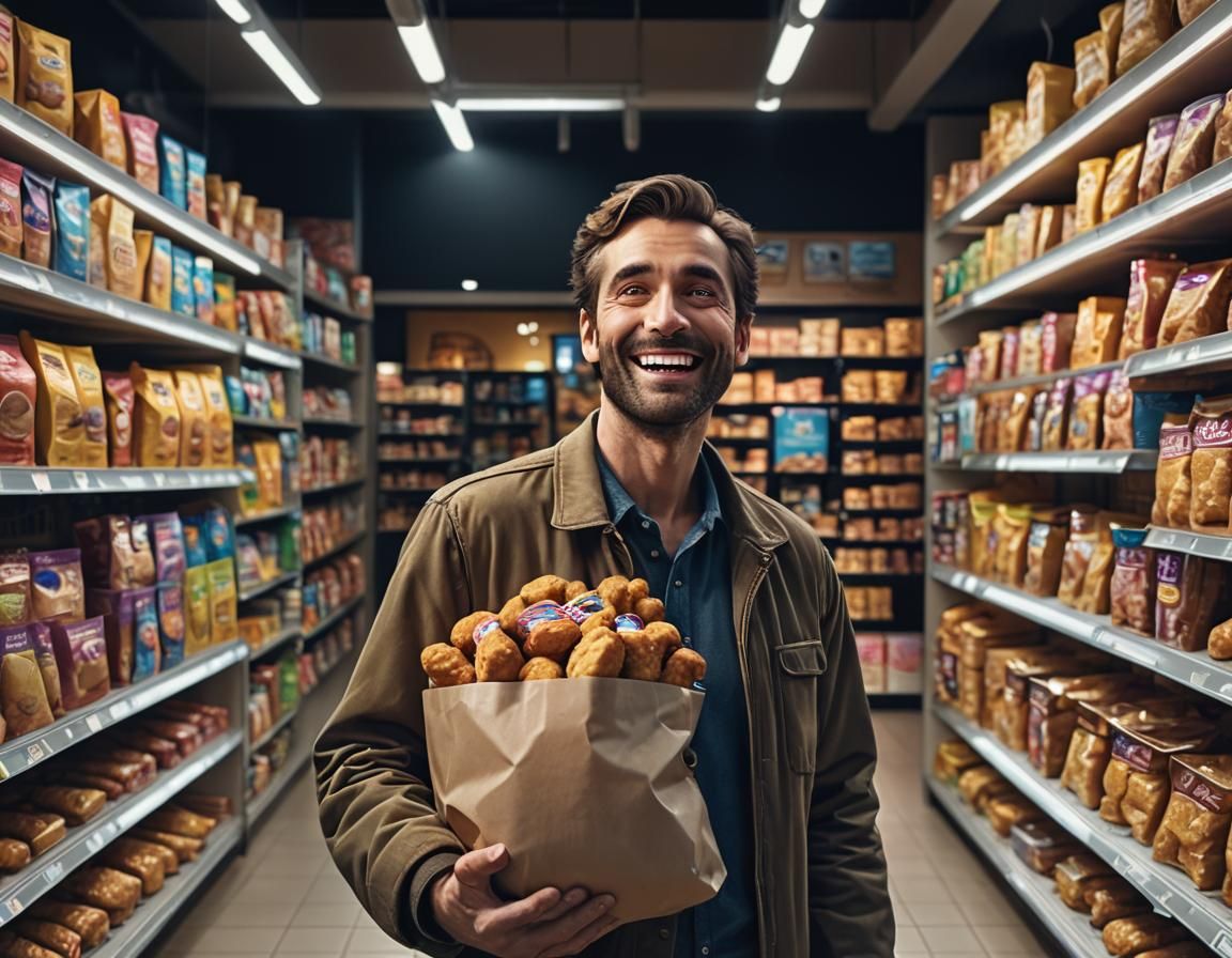 Man Smiling Holding Croquettes in a Pet Store