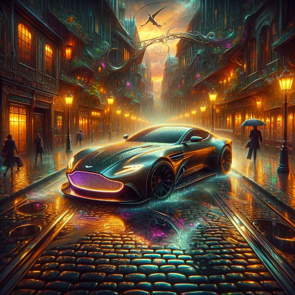 Aston Martin in Art Nouveau Style on Cobblestone Street