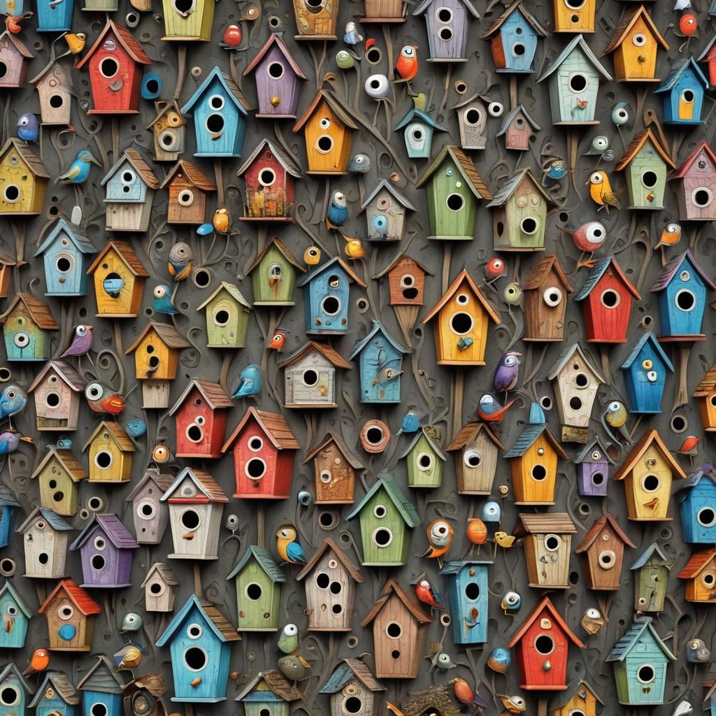Birdhouses with Googly Eyes in Tim Burton Style