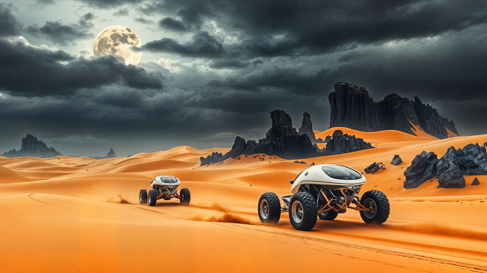 Alien Sand Dunes Race in Stormy Landscape
