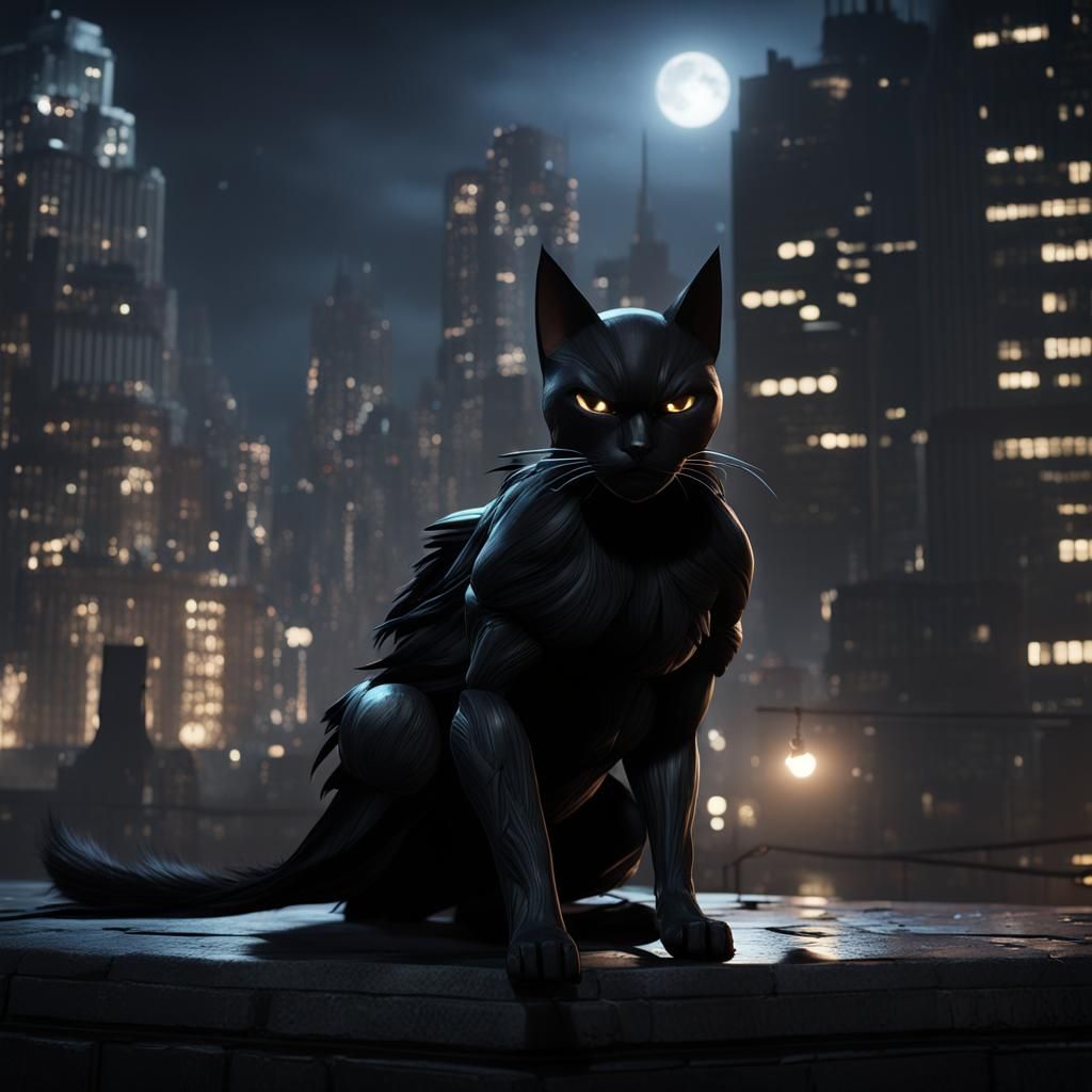 Black Cat and Batman in Gotham City: 3D Cinematic Art