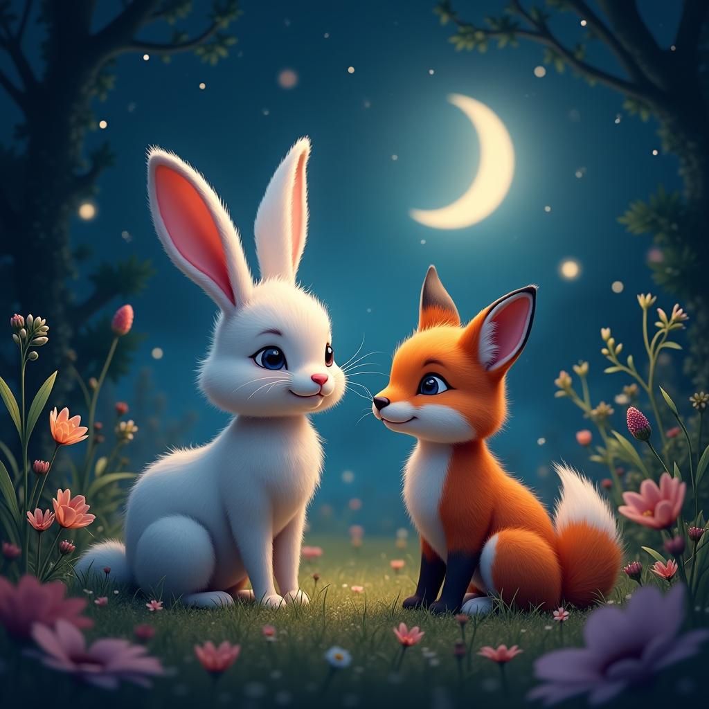 Mystical Bunny and Fox Duo Under Moonlight