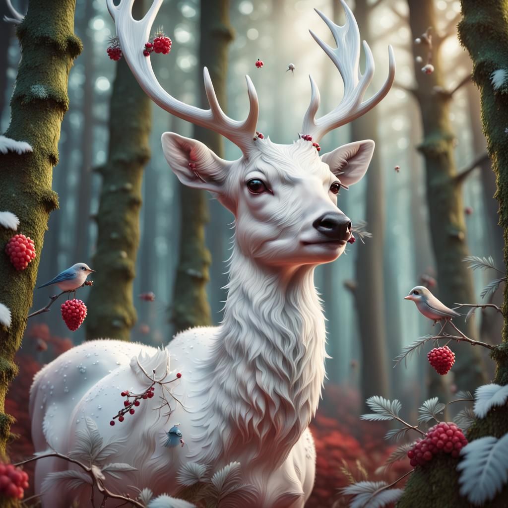 White Deer Portrait in Scandinavian Forest, 3D Render