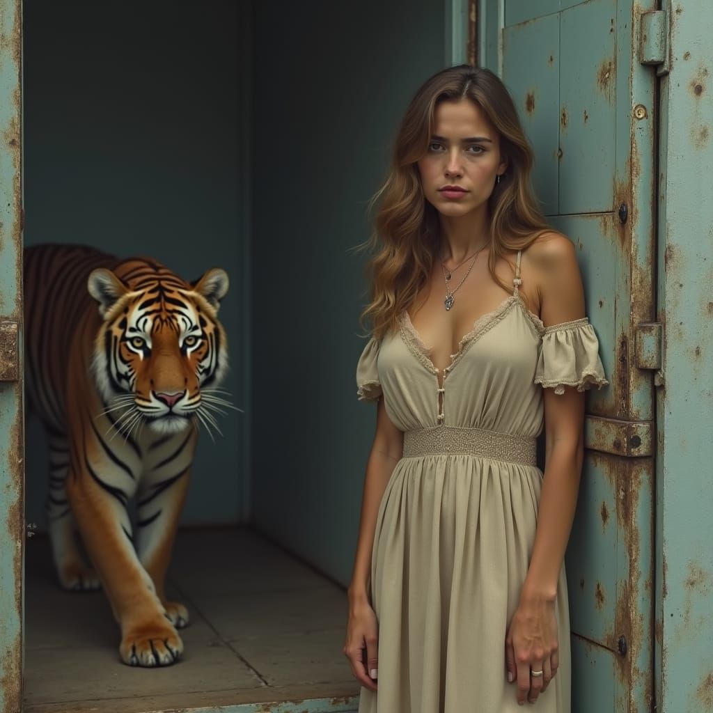 Melancholic Woman and Tiger in Empty Fridge