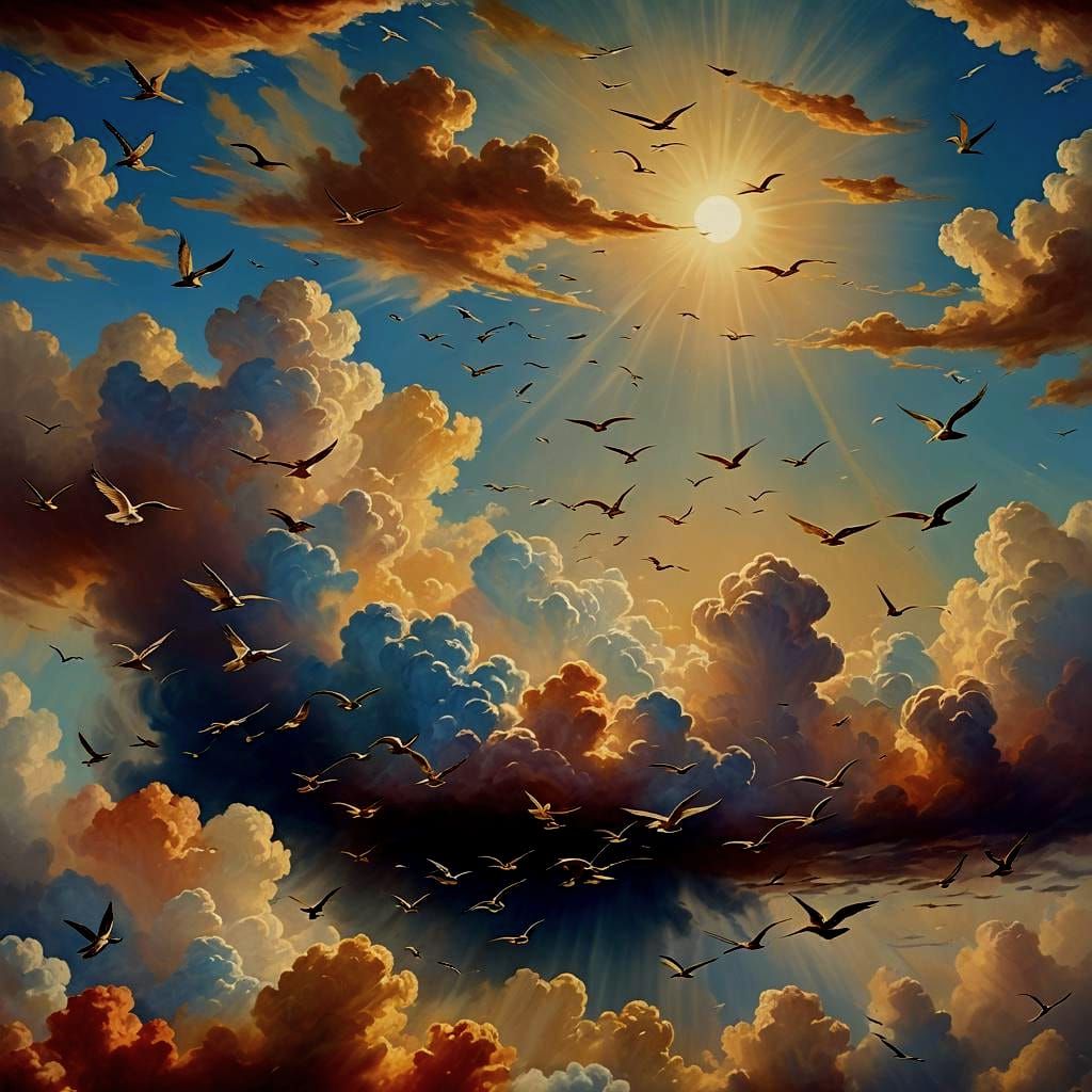 Surreal Flock of Birds in Divine Light