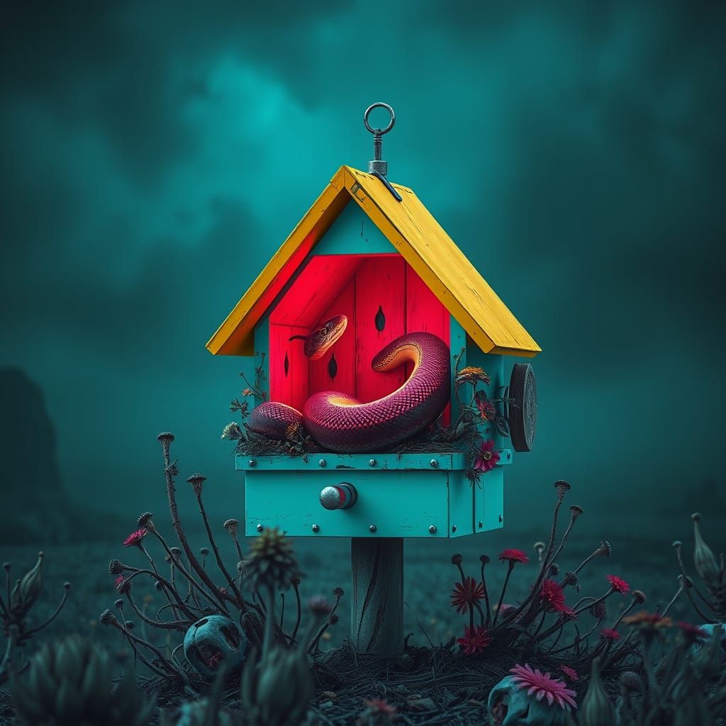 Vibrant Birdhouse in Doomsday Landscape with Snake