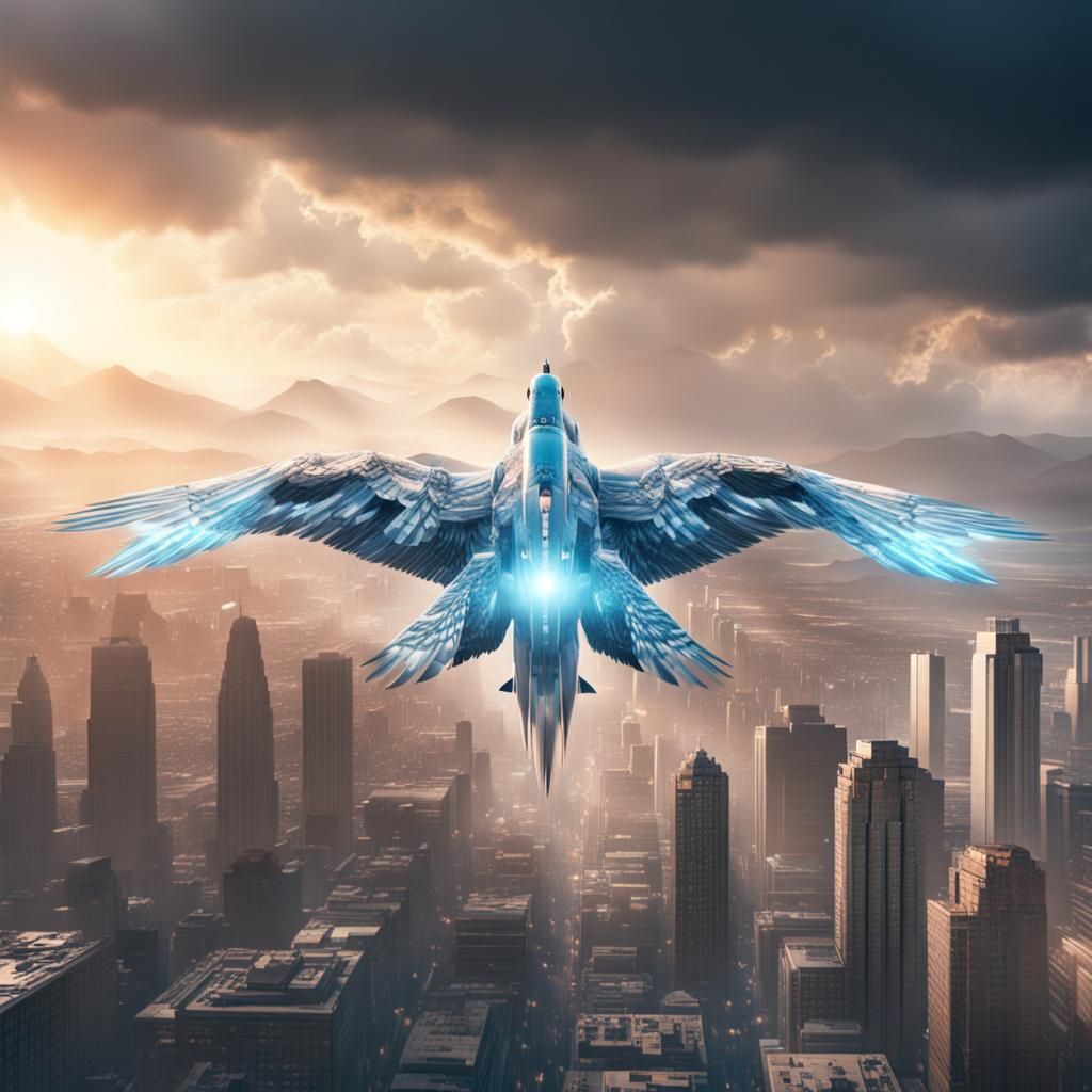 Crystal Thunderbird Soaring Over Cityscape: Digital Matte Pa...