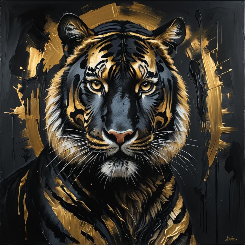 Black Tiger Painting with Golden Highlights