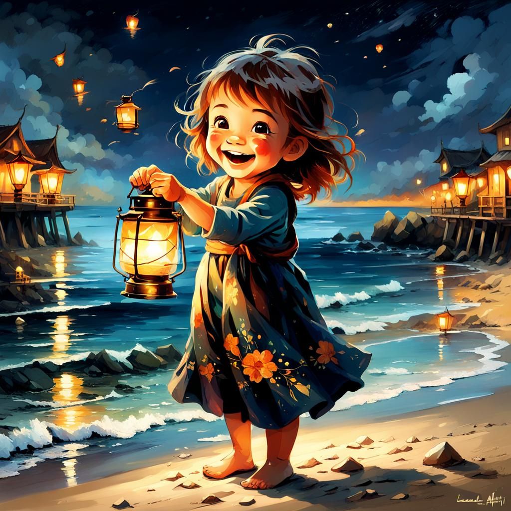 Happy Toddler with Lantern on Beach, Splash Art