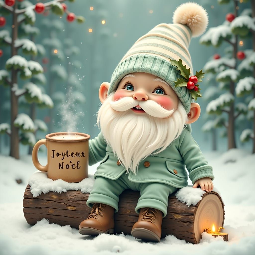 Adorable Gnome in Pastel Green Winter Outfit with Hot Chocol...