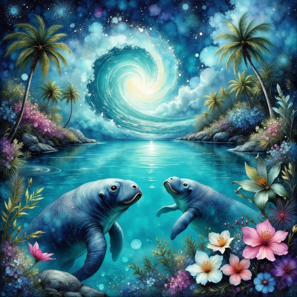 Manatee in Tropical Cove with Swirling Sky, Surreal Art