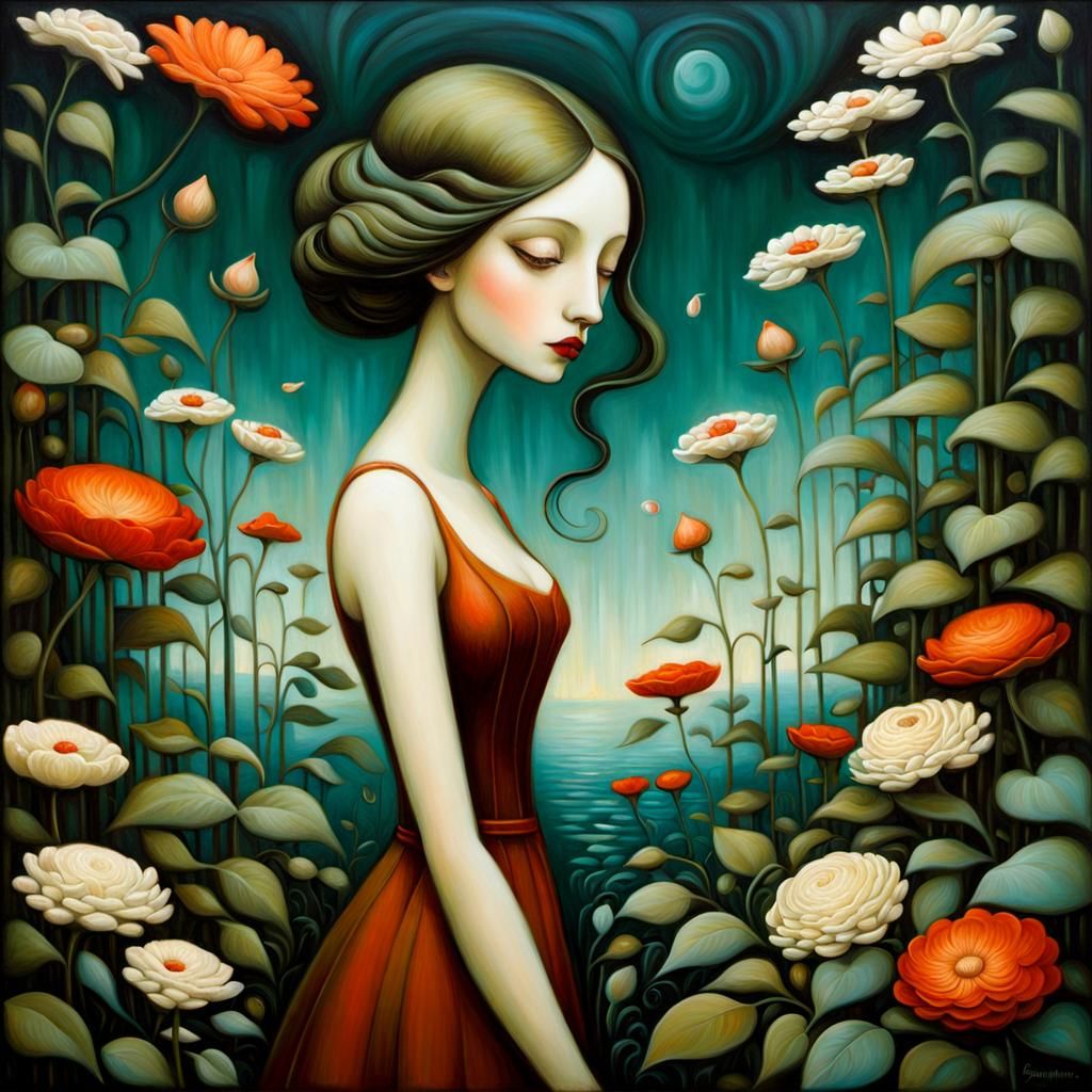 Young pensive lady in an imaginary garden. Benjamin Lacombe.