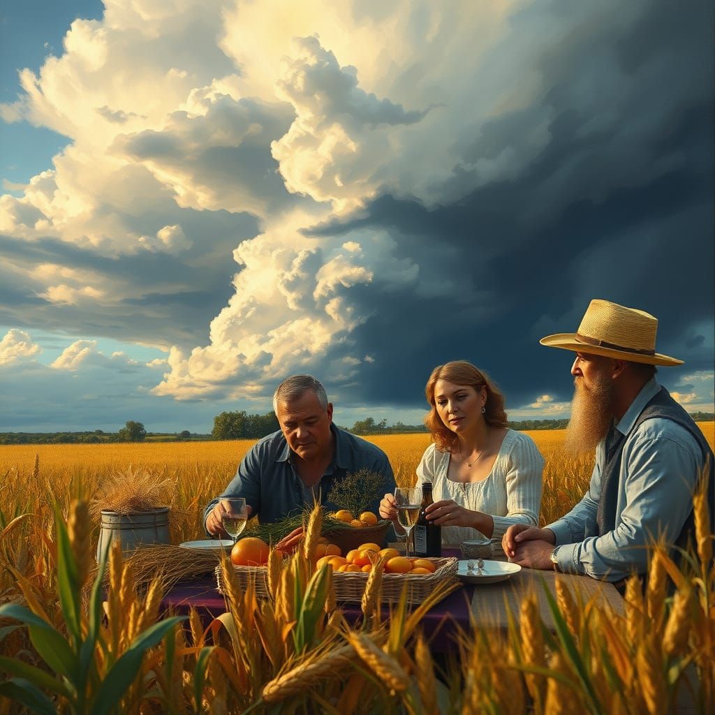Farming Family Meal Amidst Autumn Storm Sky