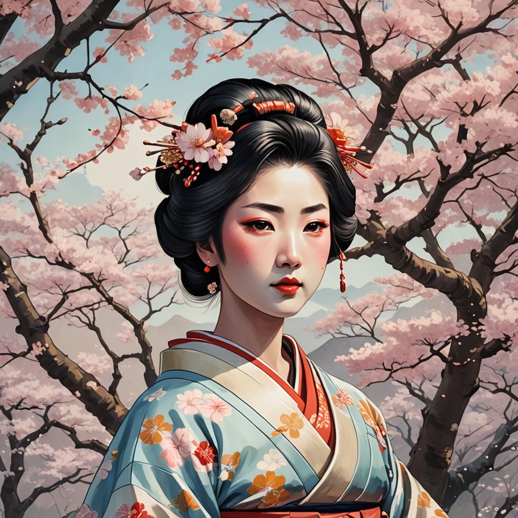 Geisha Portrait Under Sakura Trees in Ukiyo-e Style