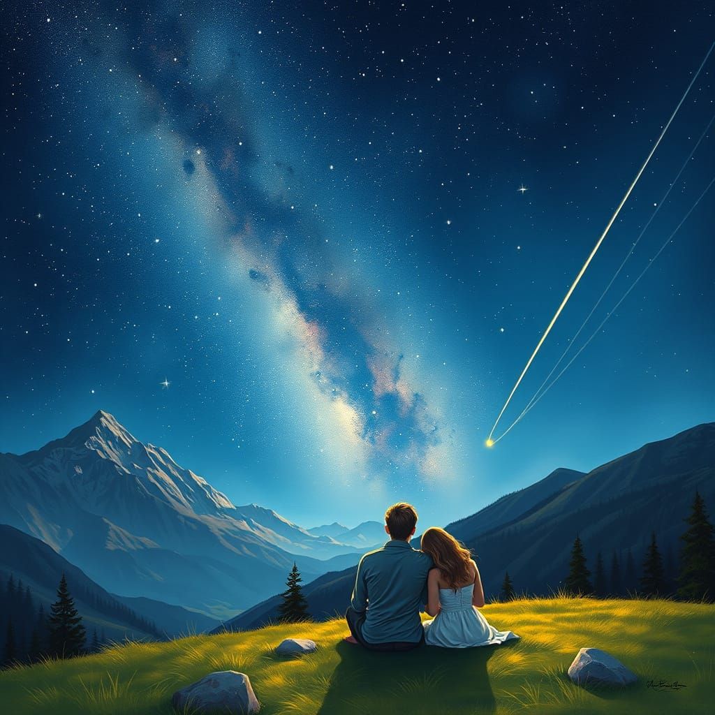 Romantic Alpine Sky with Milky Way and Shooting Star in Arti...