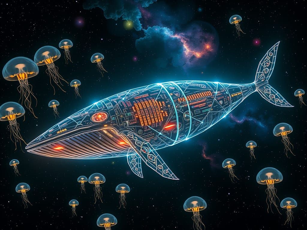 Cyberpunk Whale Spaceship Glides Through Cosmic Depths