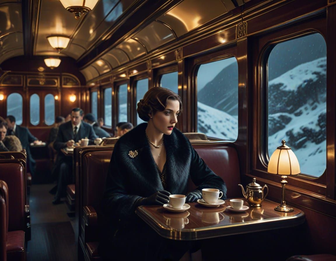 Art Deco Train Interior in Snowy Winter Night