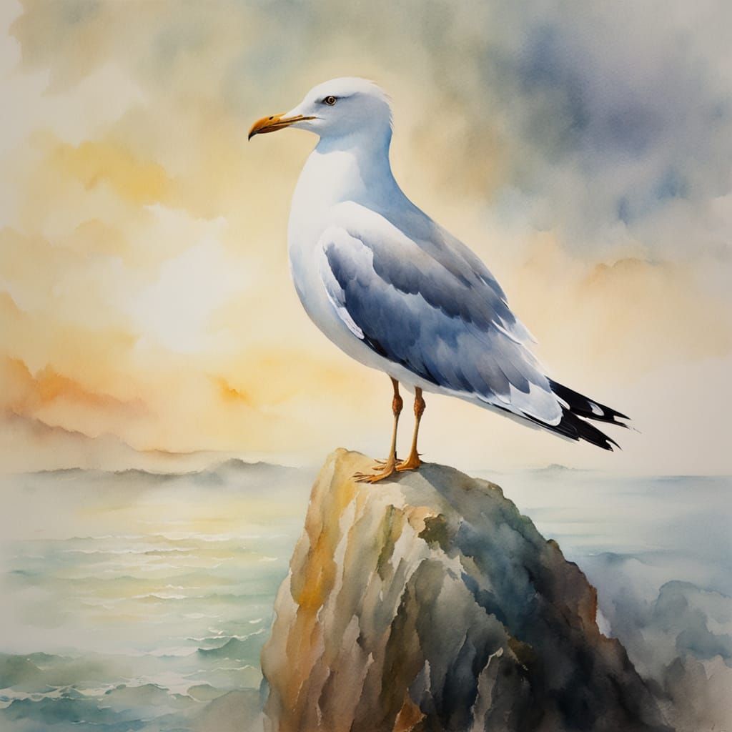 Seagull on Rock in Watercolor Painting