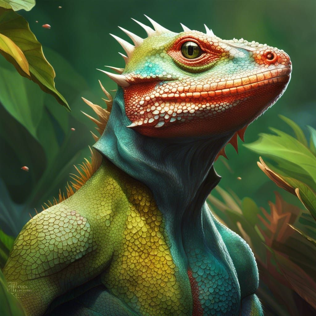 Lizard Fused with Nature, Hyperdetailed Portrait
