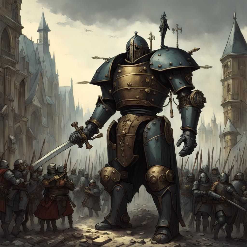 Giant steampunk mecha knight wearing a dark cape carrying a huge sword wearing a helmet in a medieval city surrounded by...