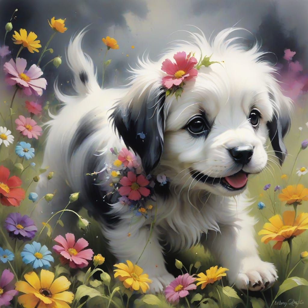 Adorable Puppy Amongst Vibrant Flowers