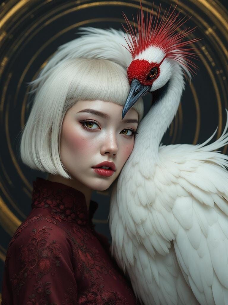 Woman and Crane Portrait in Hyperreal Style