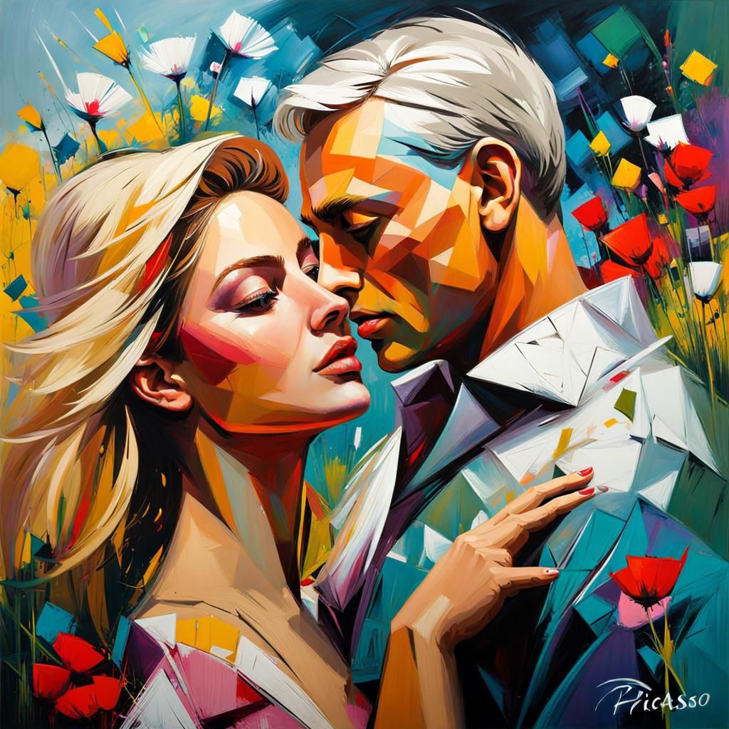 Cubist Couple in Spring Meadow with Bold Brushstrokes