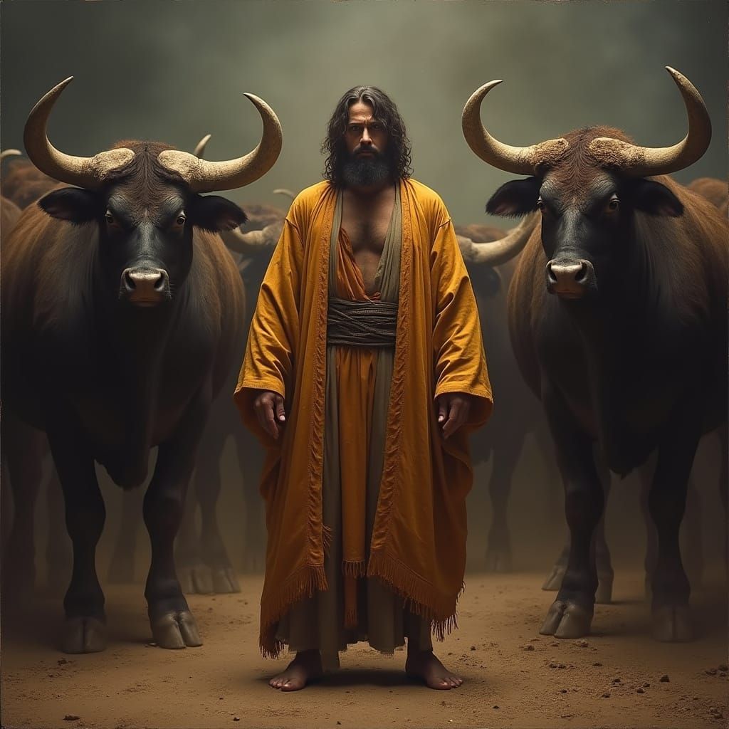 Ancient Man Surrounded by Bulls in Baroque Style
