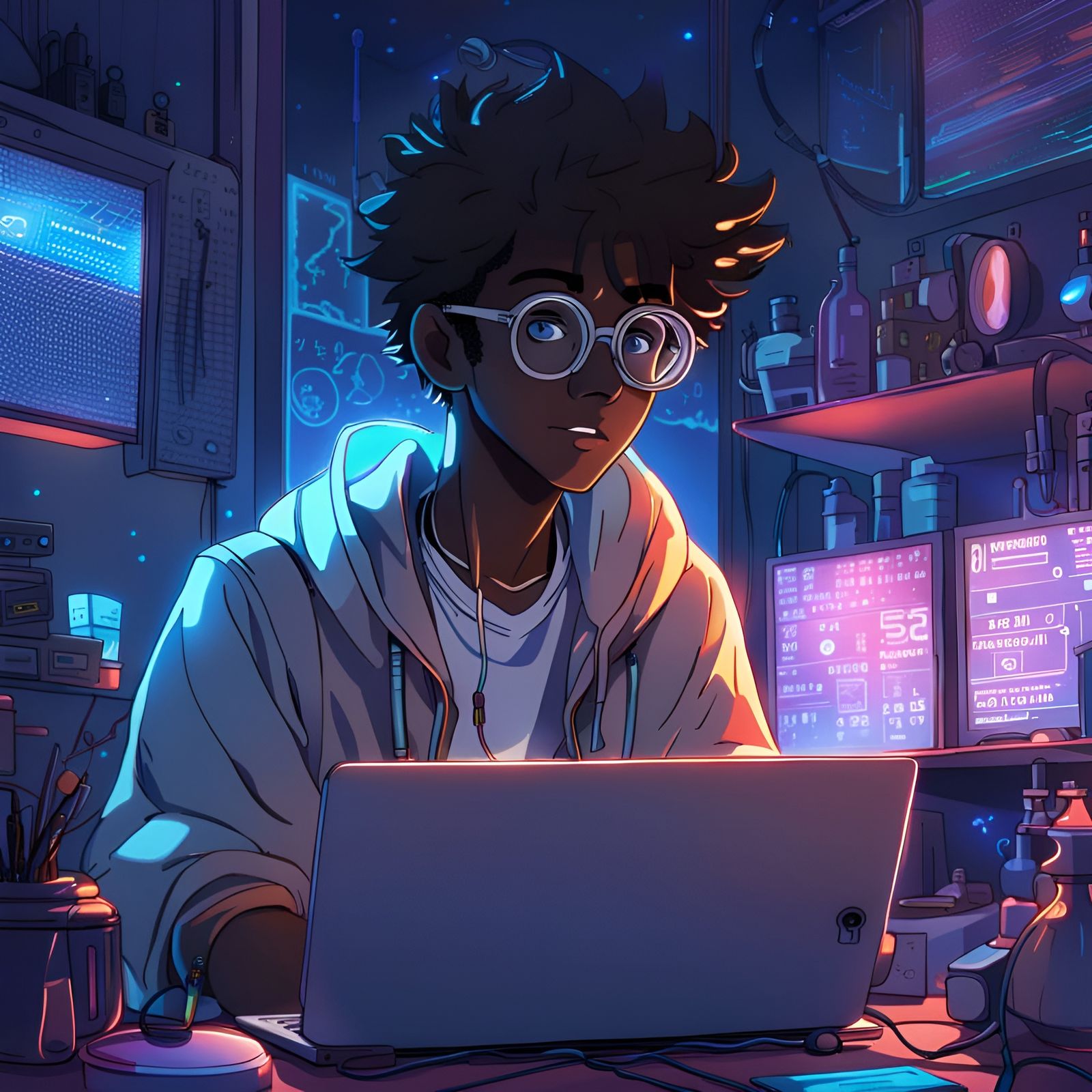 Energetic Programmer in Ghibli-Style Neon Lab