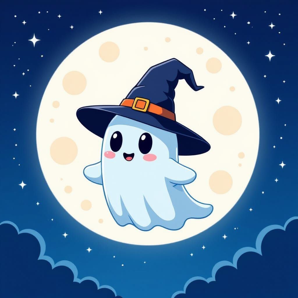 Friendly Cartoon Ghost in Witch Hat Under Full Moon