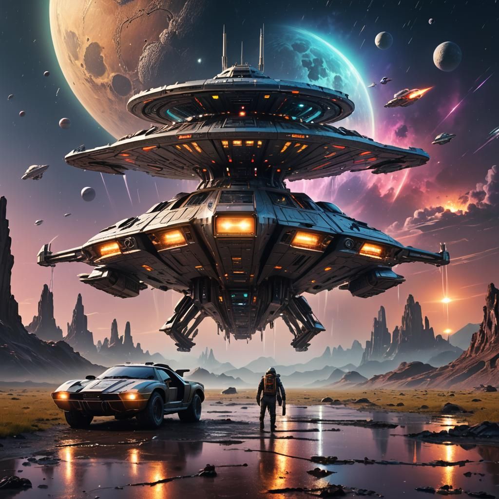 Spaceship Landing on Alien Planet in Hyperrealism