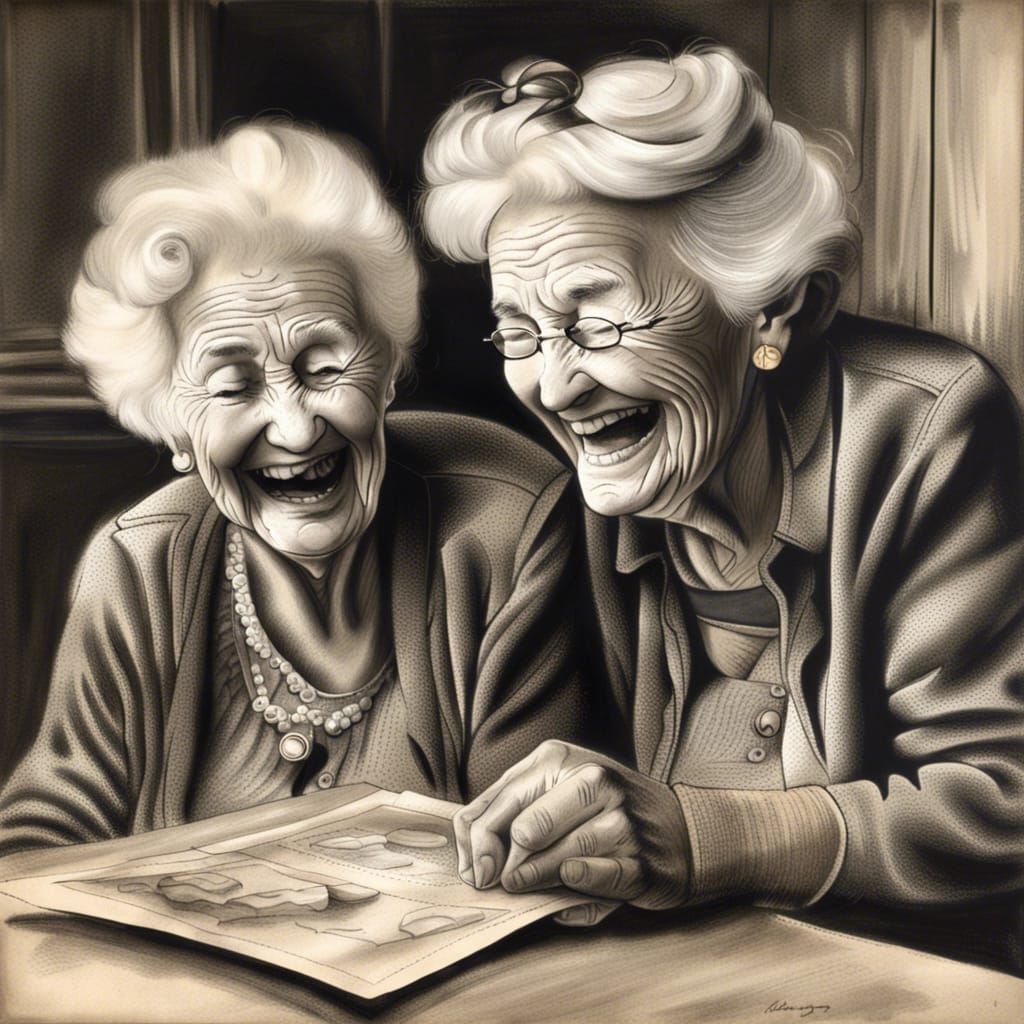Heartwarming Charcoal Drawing of Two Women Remembering Youth