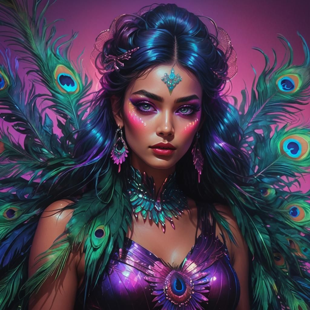 Synthwave Woman with Peacock Feathers and Neon Accents