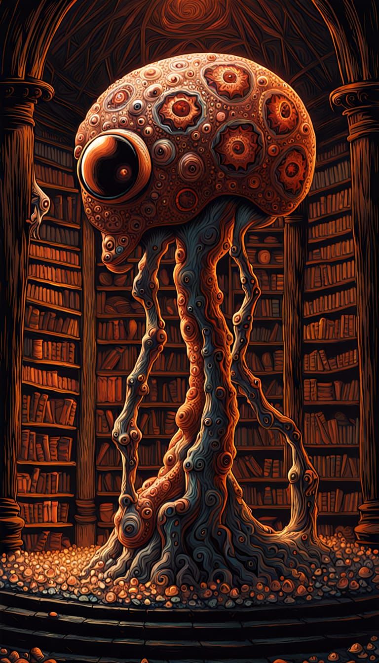 Eldritch Librarian in Vault, Giger and Doré Style