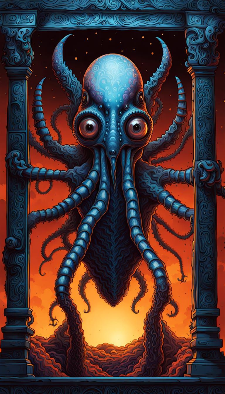 Eldritch Creature in Stone Vault, Giger and Doré Style