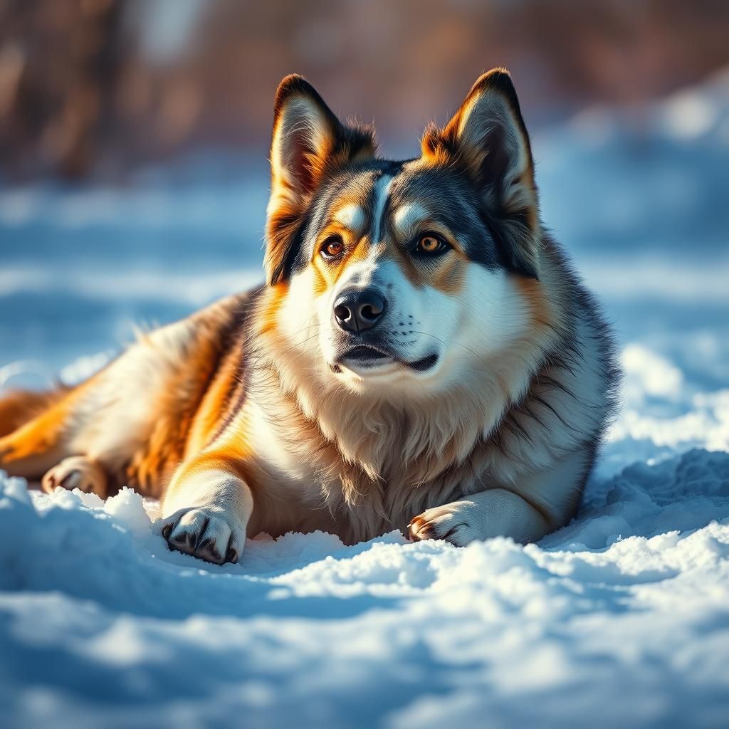 Hyperrealistic Dog Lying in Snow, Splash Art