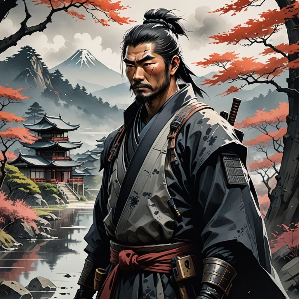 Ronin in Japanese Landscape as Ink Wash Painting