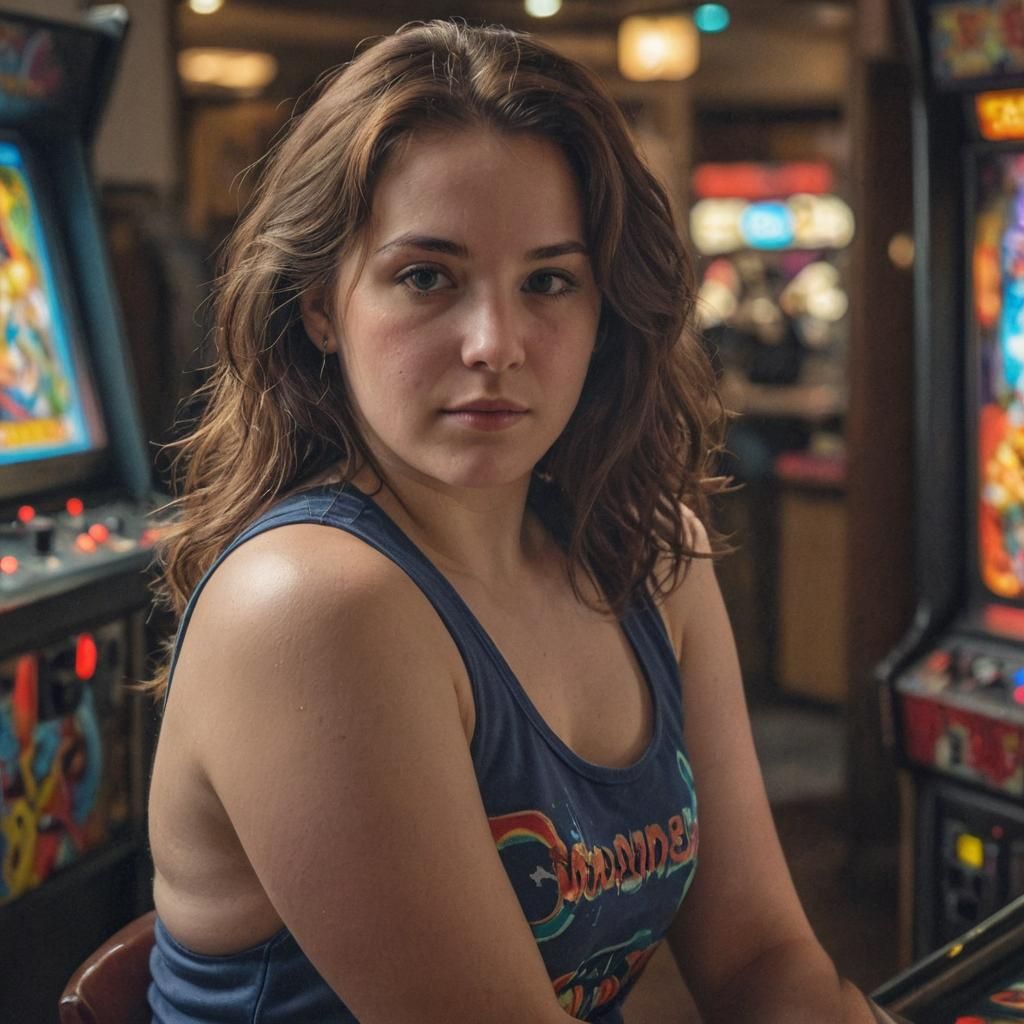 Woman in 80's Arcade: A Renaissance Oil Painting