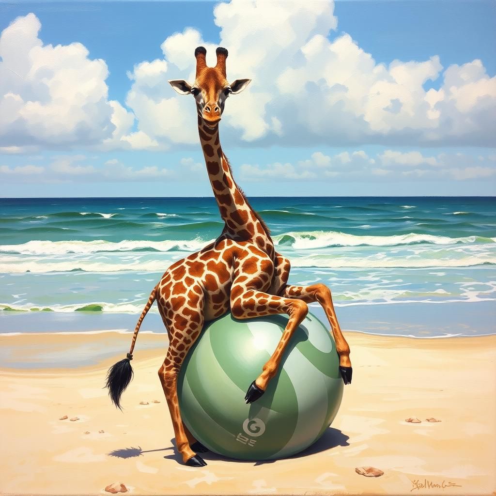 Giraffe on Beach as Oil Painting