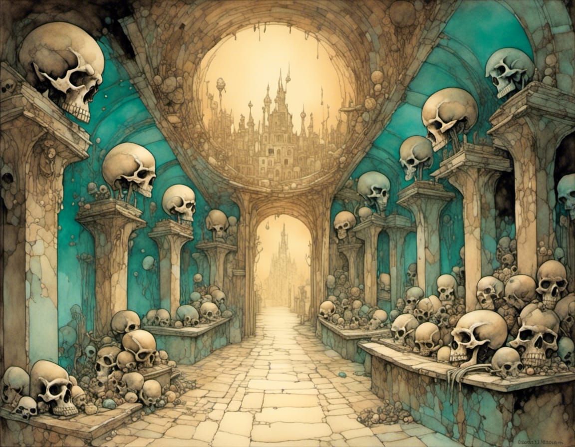 Nightmarish Catacomb Corridor in Sepia Tones