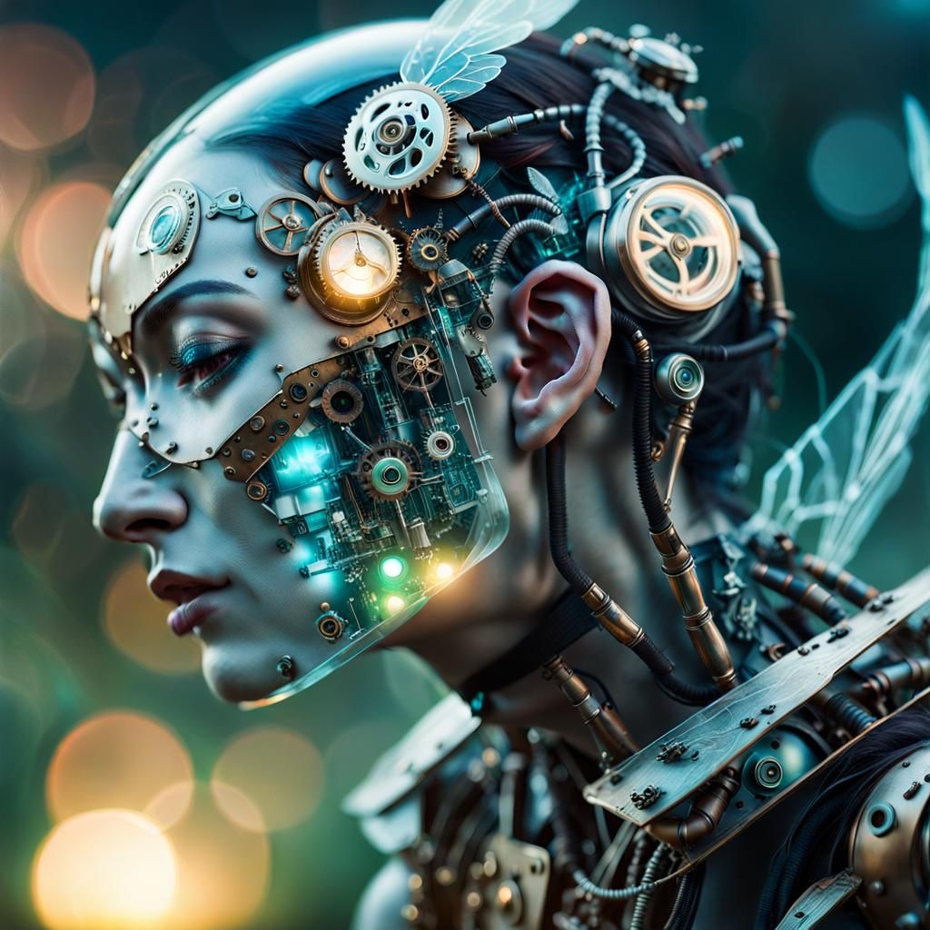 Steampunk Cyborg Awakening: Ethereal Double Exposure Portrai...