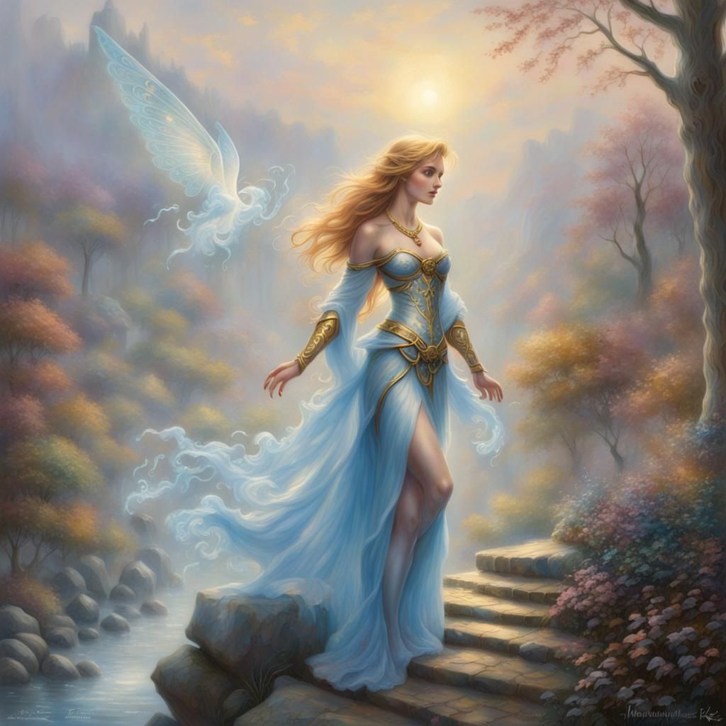 Fey Paladin with Golden Tattoos in Ethereal Mist