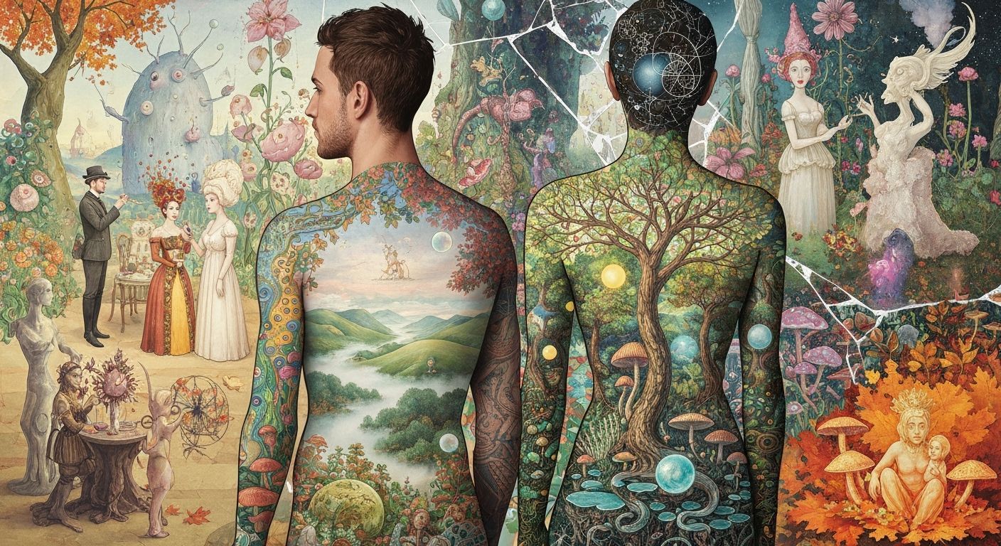 Surreal Garden Party in Bosch and Klimt Style