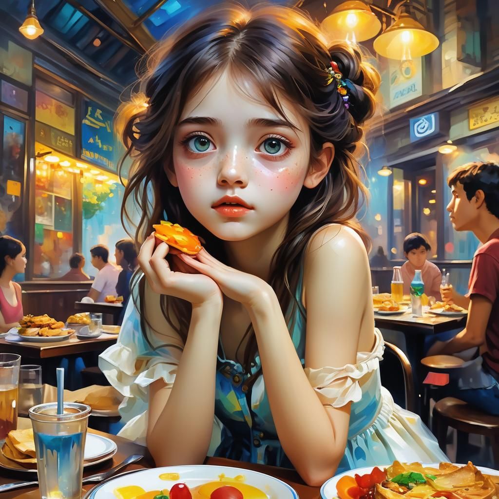 Abodeless, unkept, unclean (adolescent:1.8) eyes utopian eatery. Entreats asking eats. Awarded edibles. Elated. Efferves...