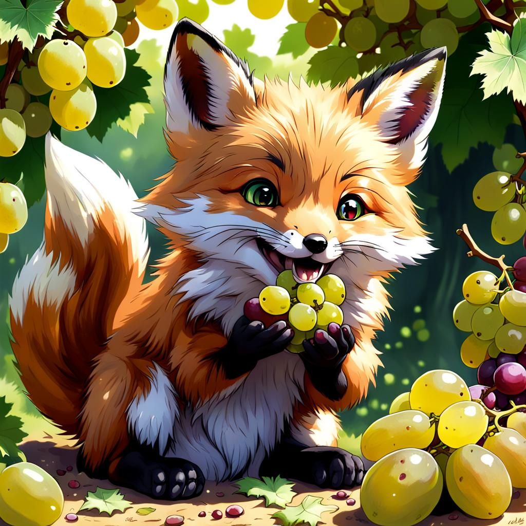 Adorable Baby Fox Eating Grapes in Anime Style