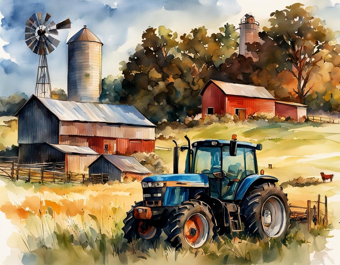 Tractor in Barnyard: Digital Watercolor Summerscape