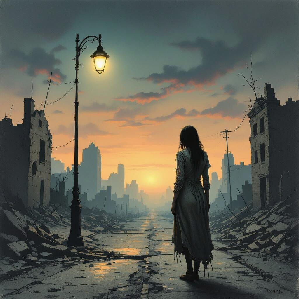 Woman on Desolate Post-Apocalyptic Street in Surreal Style