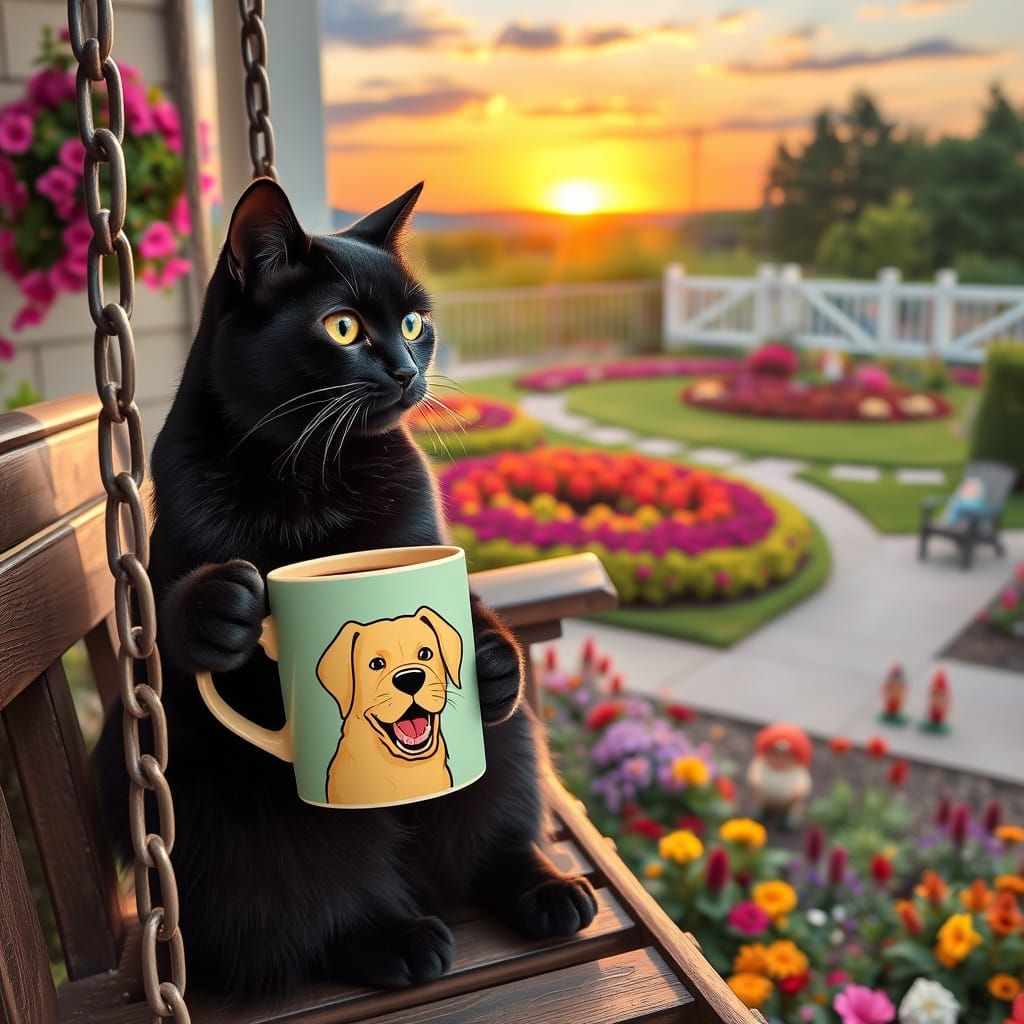 Relaxed Feline Enjoys Coffee on Porch Swing Amidst Vibrant G...