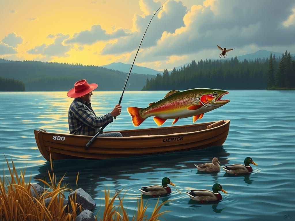Fisherman's Serene Lake at Sunrise as Oil Painting