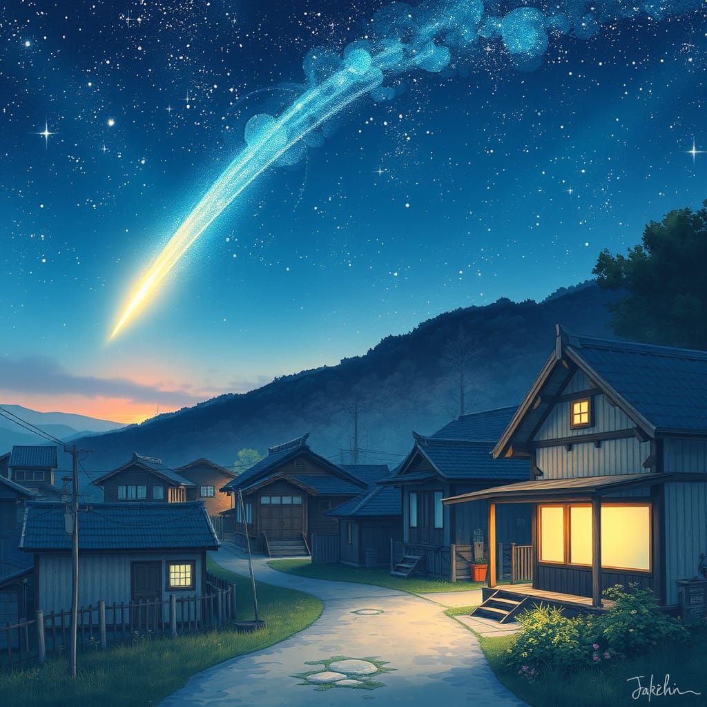 Whimsical Starry Night Village in Traditional Japanese Style